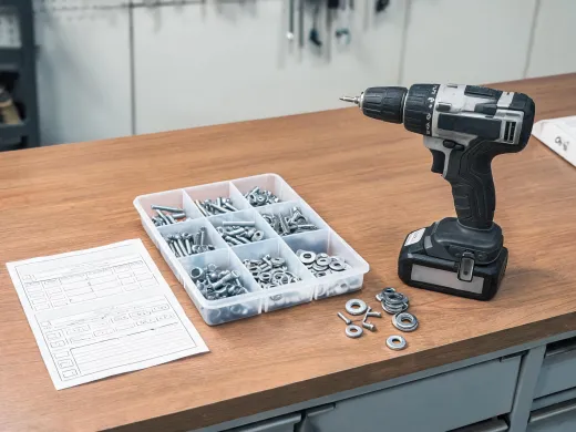 Facility maintenance workbench with bolts and washers
