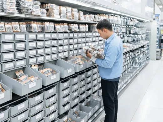 Retail hardware aisle with fastener drawers
