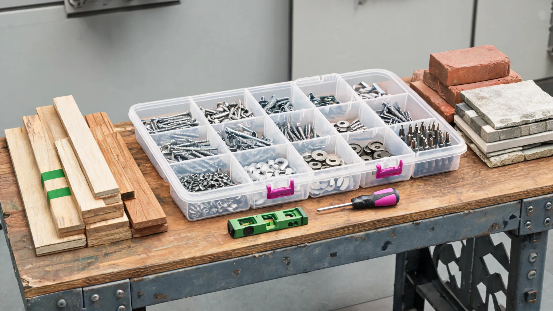 Hillman fasteners on a jobsite bench