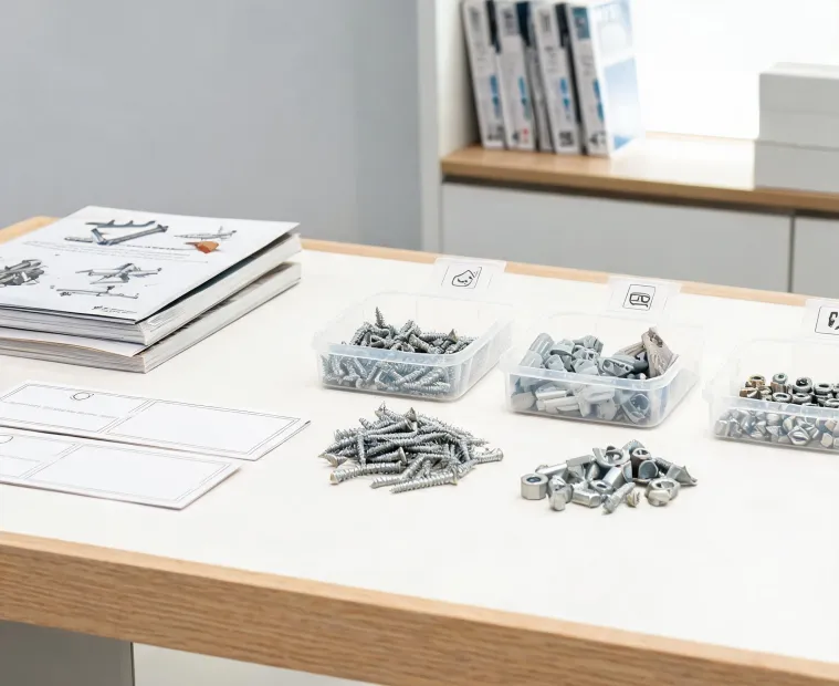 Hillman manuals and fastener samples on a workbench
