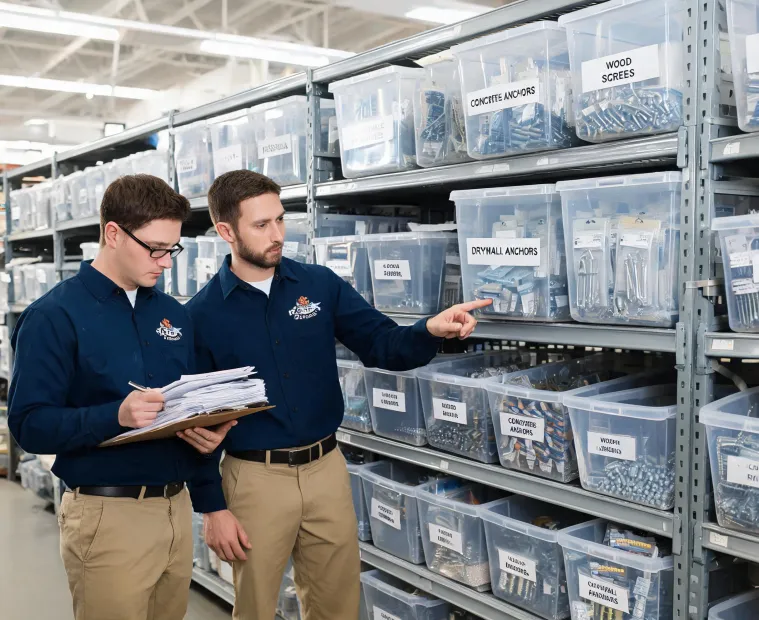 Hillman service team reviewing fastener bins