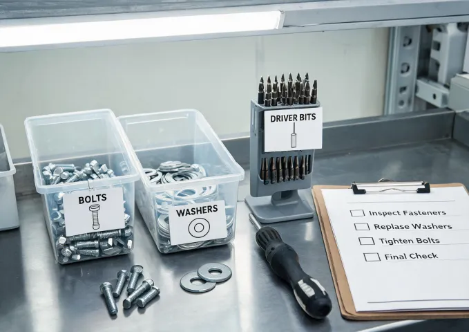 Maintenance bench with bolts and washers